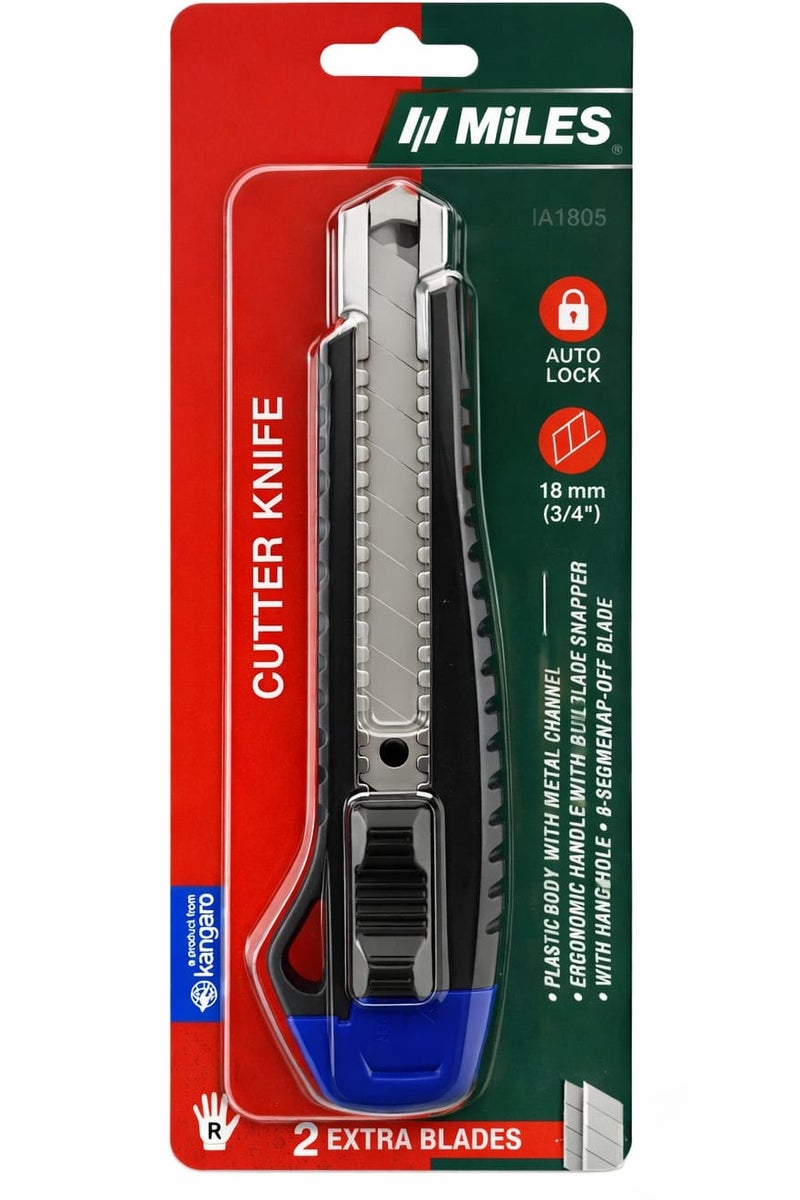 MiLES Heavy Duty Cutter 18mm with Auto Lock Metal Channel Utility Knife with 2 Extra Blades-BLUE - Image 2